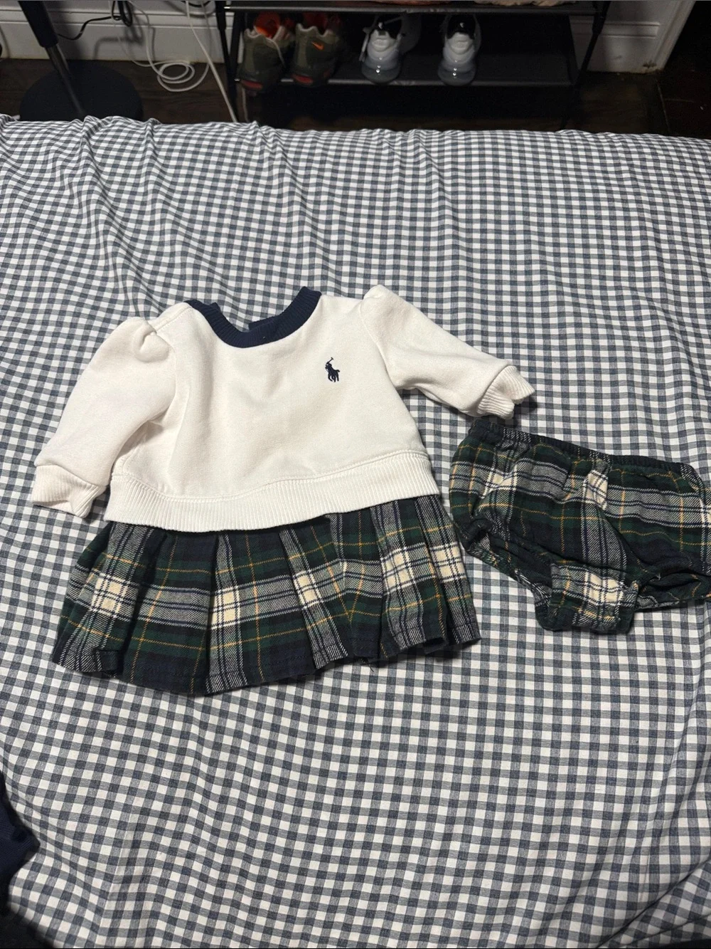 Ralph Lauren Cream Knit Top with Navy Logo and Green Plaid Skirt Set